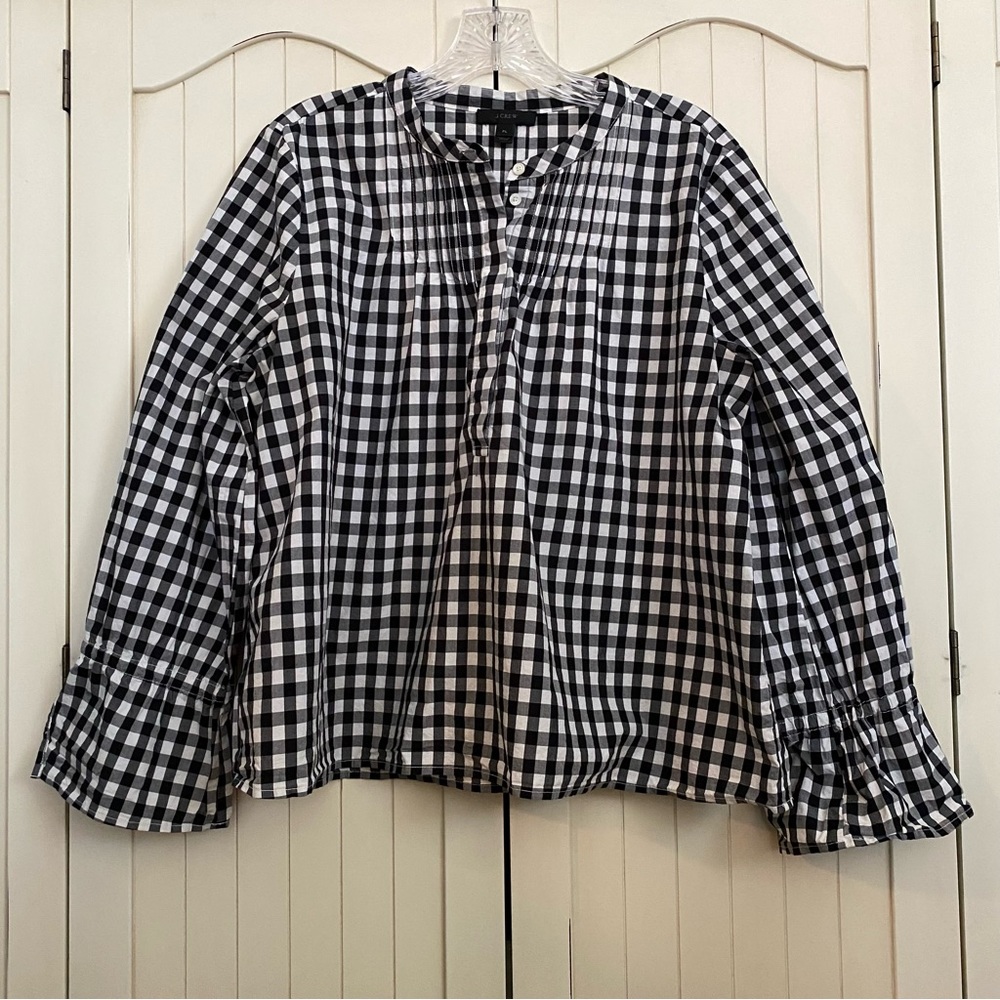 J.Crew Long Sleeve Blouse Black & White Gingham Plaid Bell Sleeves Round Neck PL
